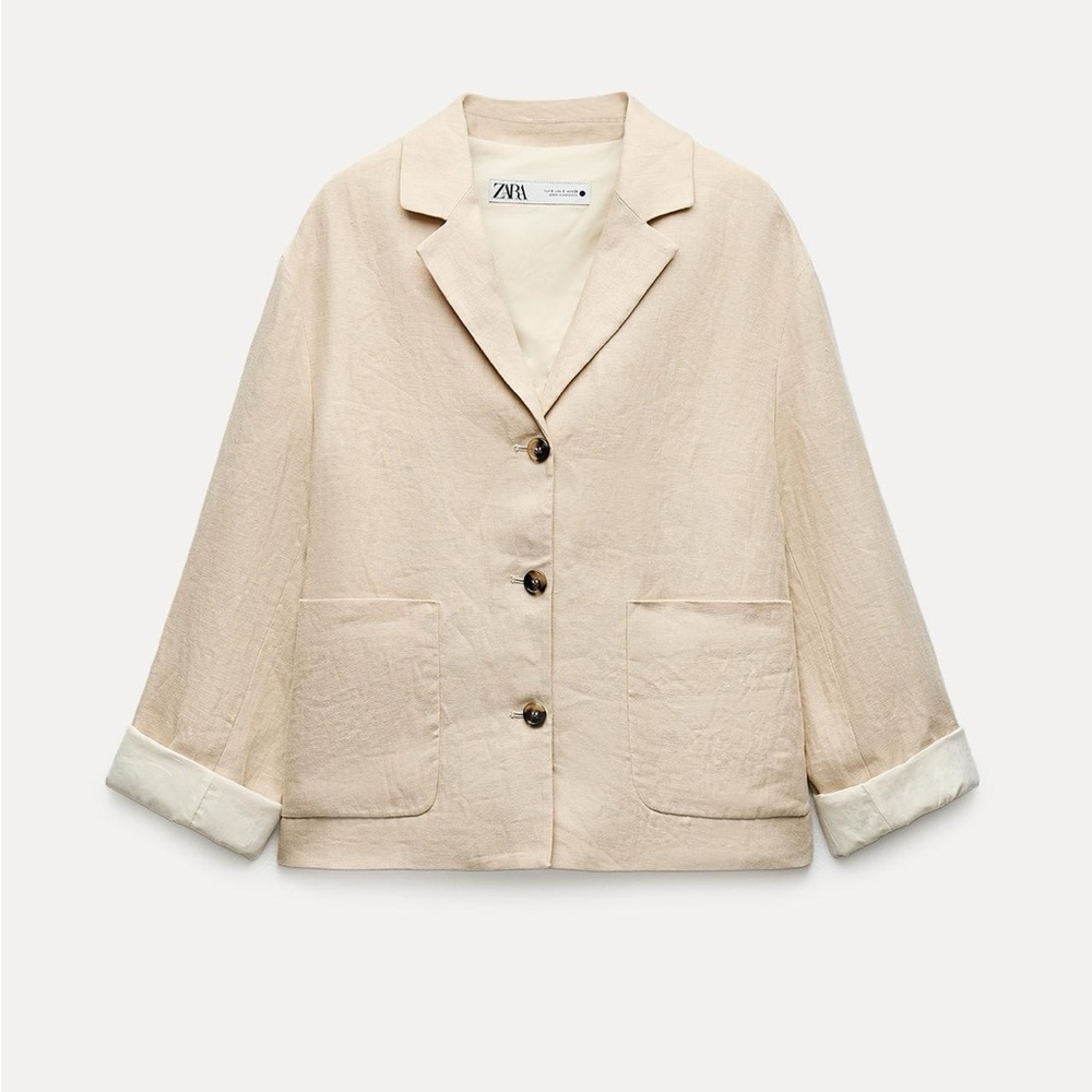 Zara 100% Linen Blazer Jacket Coat Beige Cream Neutral ZW Collection lined S NWT - Picture 4 of 16